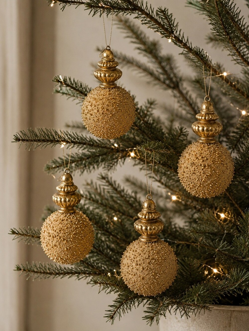 Set of 4 gold round beaded Christmas ornaments